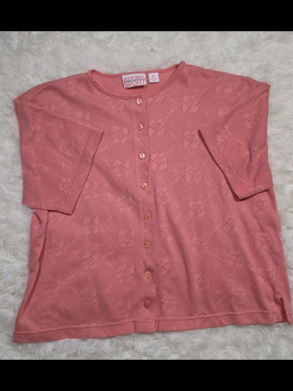 Vtg 90s Jaclyn Smith Coral Pink Rose Button-Front Knit Top Womens Size Medium